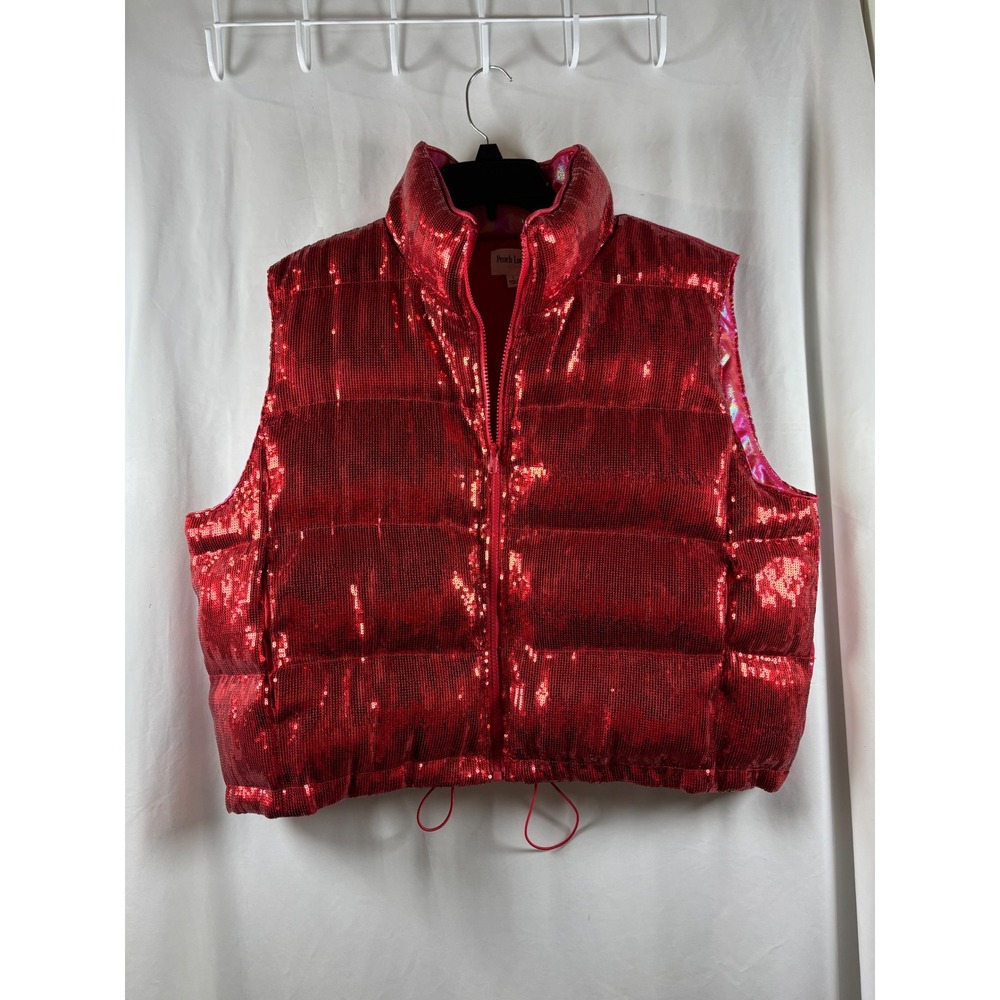 Peach Love California Red Sequin Puffer Vest Large
